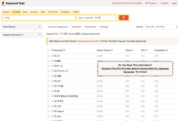 YouTube Keyword Toolの検索結果の画面